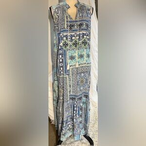 Blue tile print Maxi dress, Chico’s, size 1 has shades of blue w green & blackLN